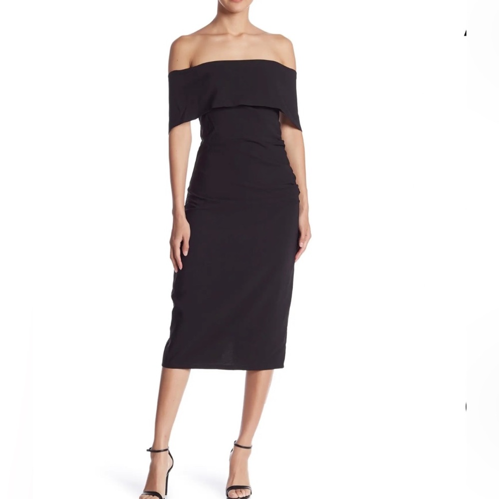 MARINA Off-Shoulder Black Midi Dress